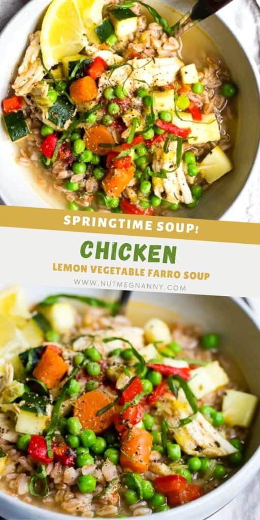 Lemon Chicken Vegetable Farro Soup pin for Pinterest.