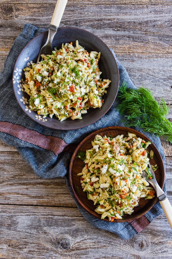 Mediterranean Tuna Orzo Salad served in 2 bowls.