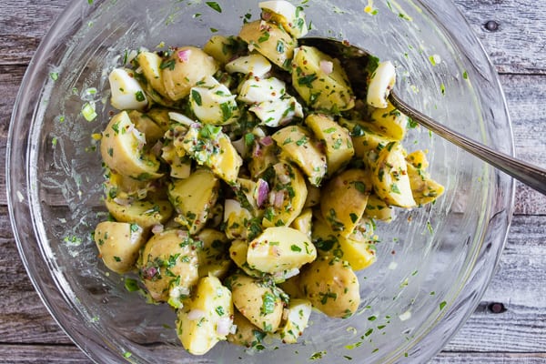 Honey Mustard Potato Salad in a glass bowl. 