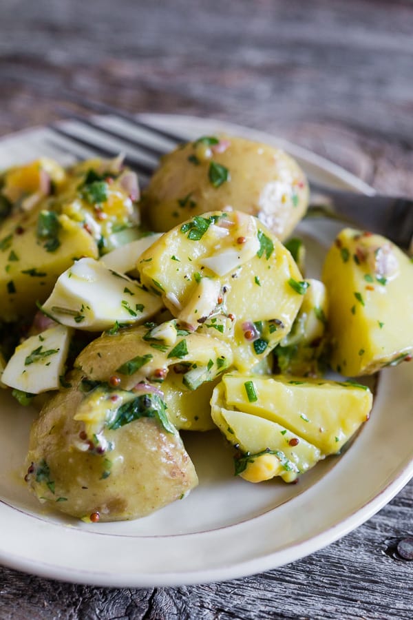 Honey Mustard Potato Salad on a serving plate. 
