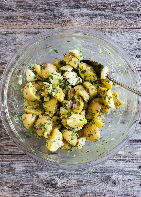 Honey Mustard Potato Salad in a mixing bowl. 