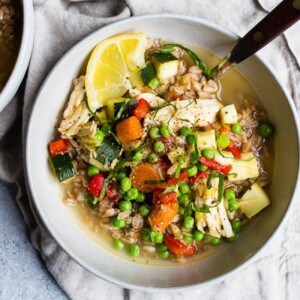 This lemon chicken vegetable farro soup is a great addition to your springtime menu. It's packed full of vegetables, bright lemon flavor and made even easier by using a rotisserie chicken. You're going to love this fast and easy soup! 