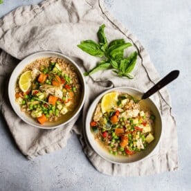This lemon chicken vegetable farro soup is a great addition to your springtime menu. It's packed full of vegetables, bright lemon flavor and made even easier by using a rotisserie chicken. You're going to love this fast and easy soup!