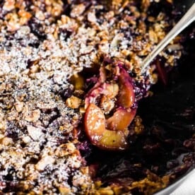 This blueberry peach cast iron crisp takes the flavor of summer and throws it together into one warm crisp topped with rolled oats and almonds. Eat it straight from the pan, cover with ice cream or throw on a dollop of whipped cream. Anyway, you choose you'll LOVE!