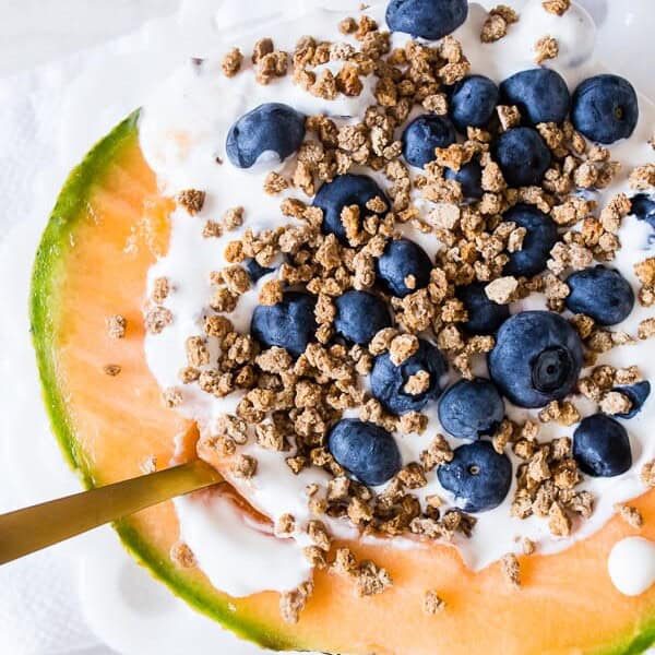 This crunchy yogurt cantaloupe breakfast bowl is the perfect no-cook breakfast that is full of flavor, fresh summer fruit and protein all topped with crunchy Grape Nuts cereal. You're going to love this quick and easy summertime breakfast bowl. 