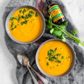 This creamy carrot orange soup cooks in just 30 minutes and is full of fall flavor. Made with a few simple ingredients and pureed until smooth it’s the perfect weeknight rush dinner. Serve with grilled chicken for an extra burst of protein or serve plain for a Meatless Monday treat.