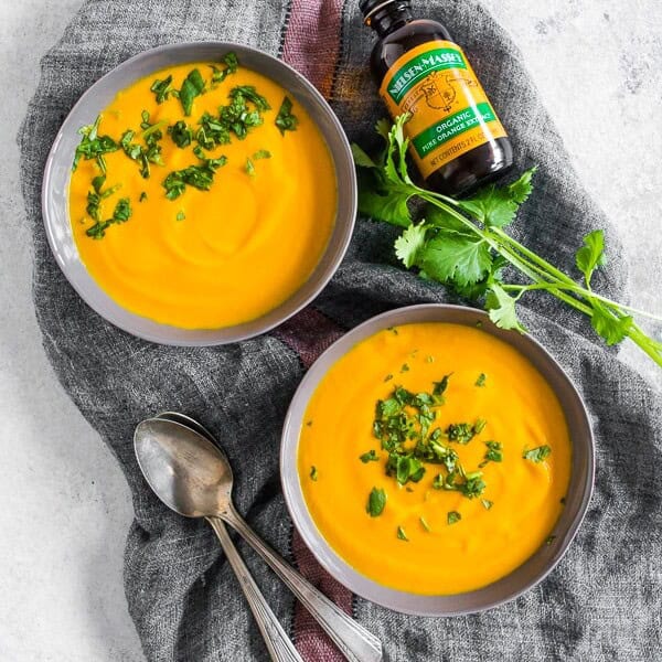 This creamy carrot orange soup cooks in just 30 minutes and is full of fall flavor. Made with a few simple ingredients and pureed until smooth it’s the perfect weeknight rush dinner. Serve with grilled chicken for an extra burst of protein or serve plain for a Meatless Monday treat.