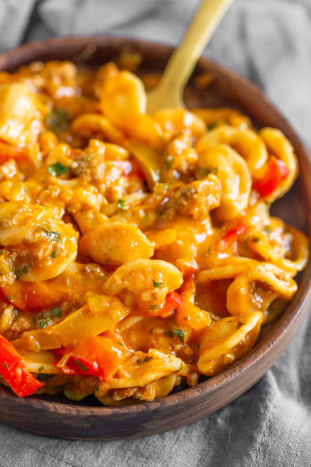 one pot ground chicken fajita pasta spooned onto a plate