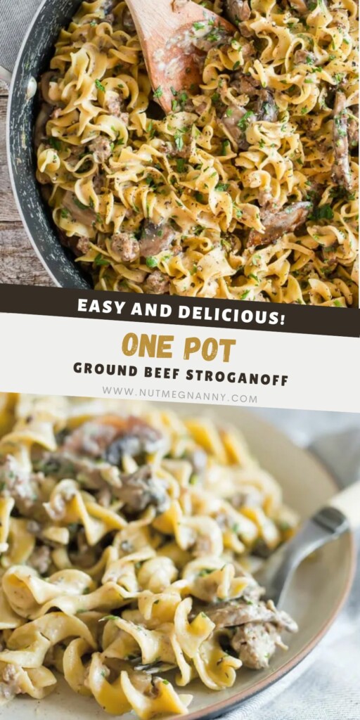 One Pot Ground Beef Mushroom Stroganoff pin for Pinterest. 