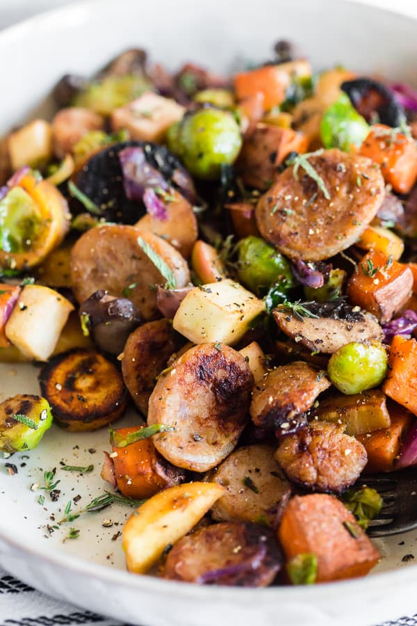 Chicken Sausage Vegetable Hash in  a bowl up close to show veggies. 