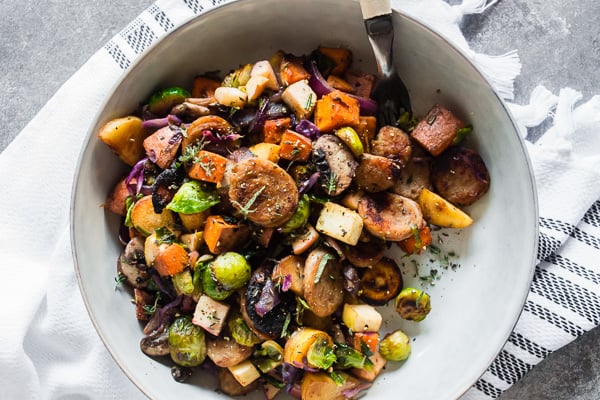 Chicken Sausage Vegetable Hash in a white bowl. 