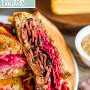 Grilled Pastrami Sandwich with Root Vegetable Slaw pin for Pinterest.