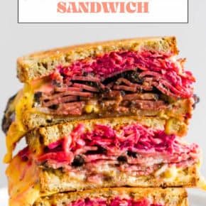 Grilled Pastrami Sandwich with Root Vegetable Slaw pin for Pinterest.