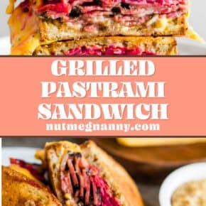 Grilled Pastrami Sandwich with Root Vegetable Slaw pin for Pinterest.