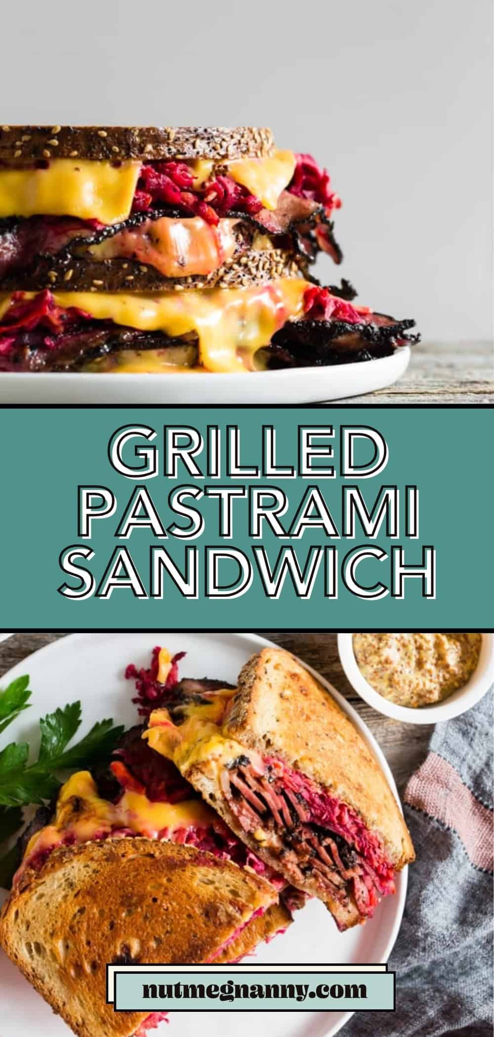 Grilled Pastrami Sandwich with Root Vegetable Slaw pin for Pinterest. 