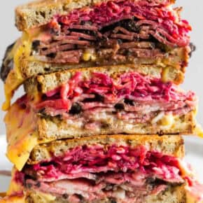 Grilled Pastrami Sandwich with Root Vegetable Slaw pin for Pinterest.