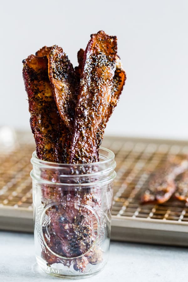 Maple Black Pepper Bacon in a glass jar. m