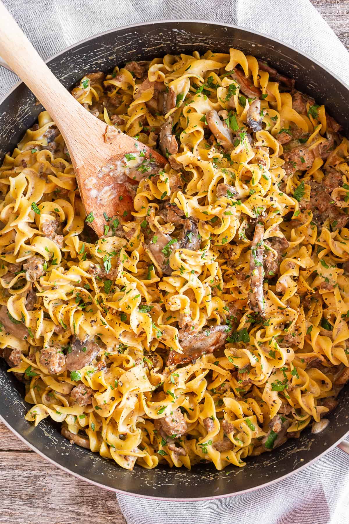One Pot Beef Stroganoff in a large round pot. 