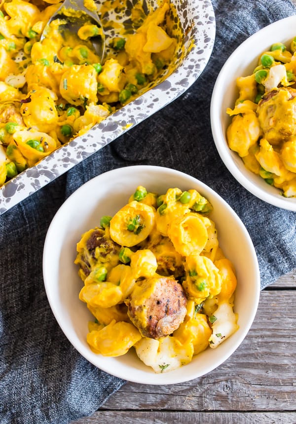 Pumpkin Cauliflower Alfredo Meatball Pasta Bake in a bowl.