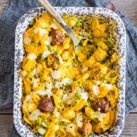 This pumpkin cauliflower alfredo meatball pasta bake is ready in under 30 minutes and packed full of delicious flavor. It's the perfect fall dish and you'll love how easy it is to throw together!