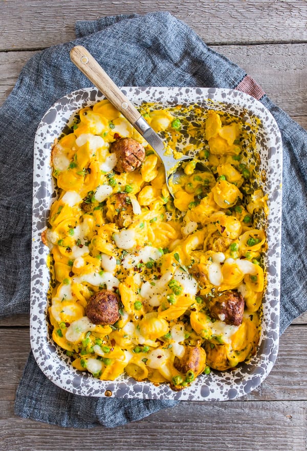 Pumpkin Cauliflower Alfredo Meatball Pasta Bake in a tray.