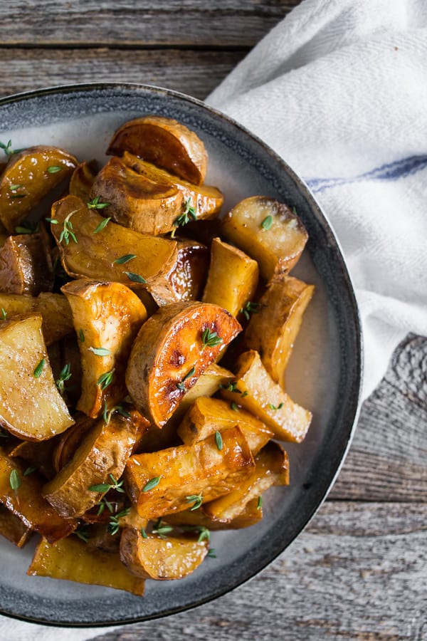 Roasted White Sweet Potatoes sprinkled with fresh thyme. 