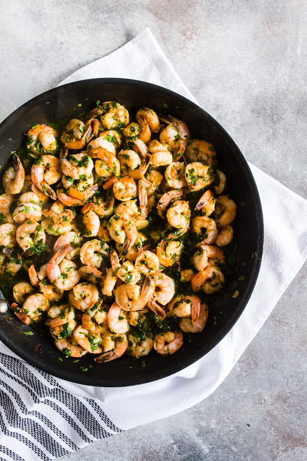 Spicy Garlic Cilantro Shrimp served in a skillet.