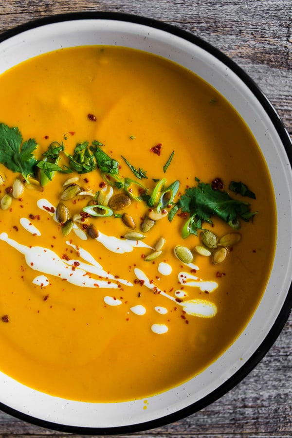 Spicy Thai Pumpkin Soup  in a bowl. 