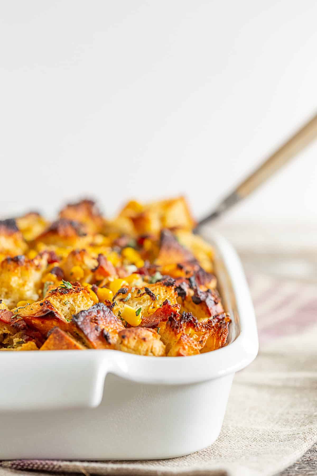Bacon Corn Sourdough Stuffing on a table. 