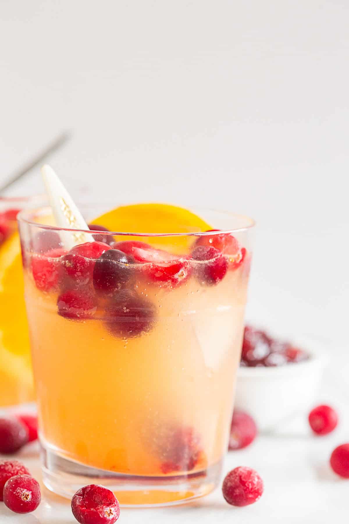 Cranberry Gin Fizz in a glass with cranberry garnish. 