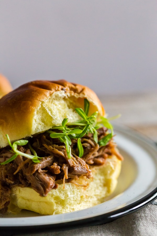 Instant Pot Cranberry Sauce Pulled Pork on a bun with micro-greens.