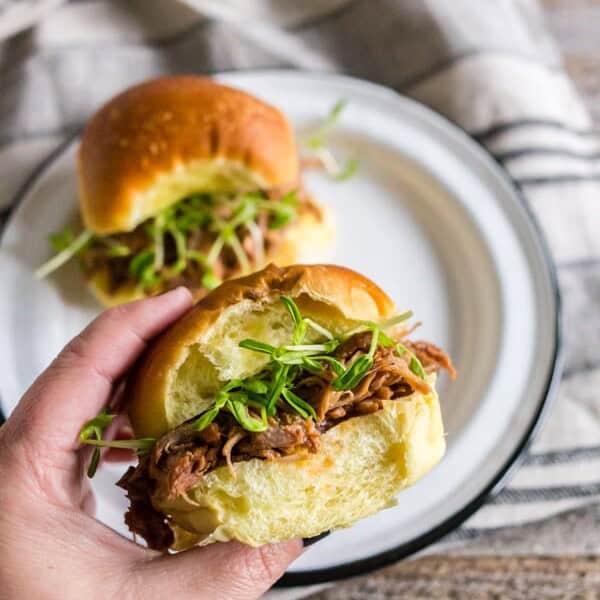 This pressure cooker cranberry sauce pulled pork is the perfect way to use up any leftover holiday cranberry sauce. It’s the perfect combination of spicy ginger beer, sweet cranberry sauce, tart fresh cranberries, fresh herbs, and fresh pork. It’s great on a sandwich or served over rice.