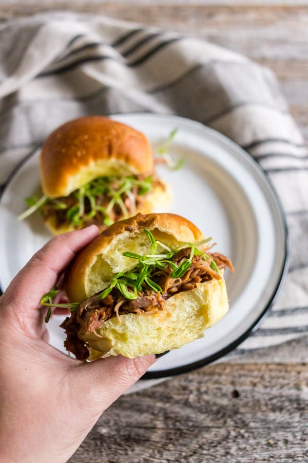 A hand holding a Instant Pot Cranberry Sauce Pulled Pork sandwich.
