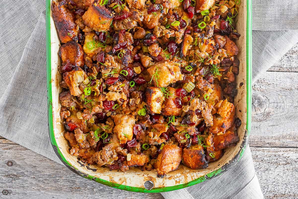 Texas Toast Stuffing in a pan. 
