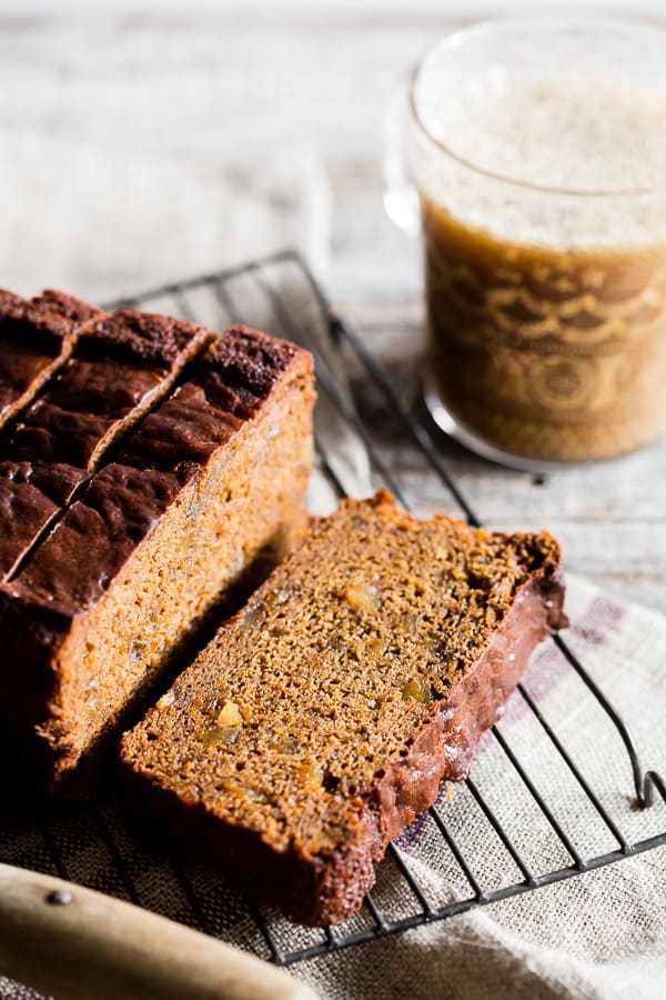 Gingerbread Banana Bread sliced on a serving rack.