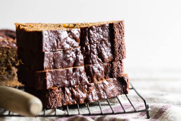Gingerbread Banana Bread sliced and stacked.