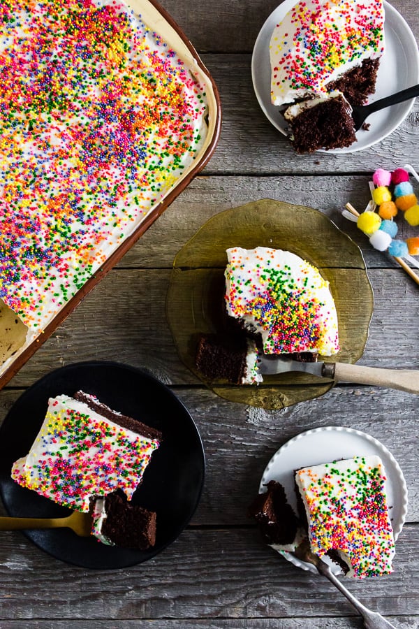 fluffy cream cheese frosting on chocolate cake.