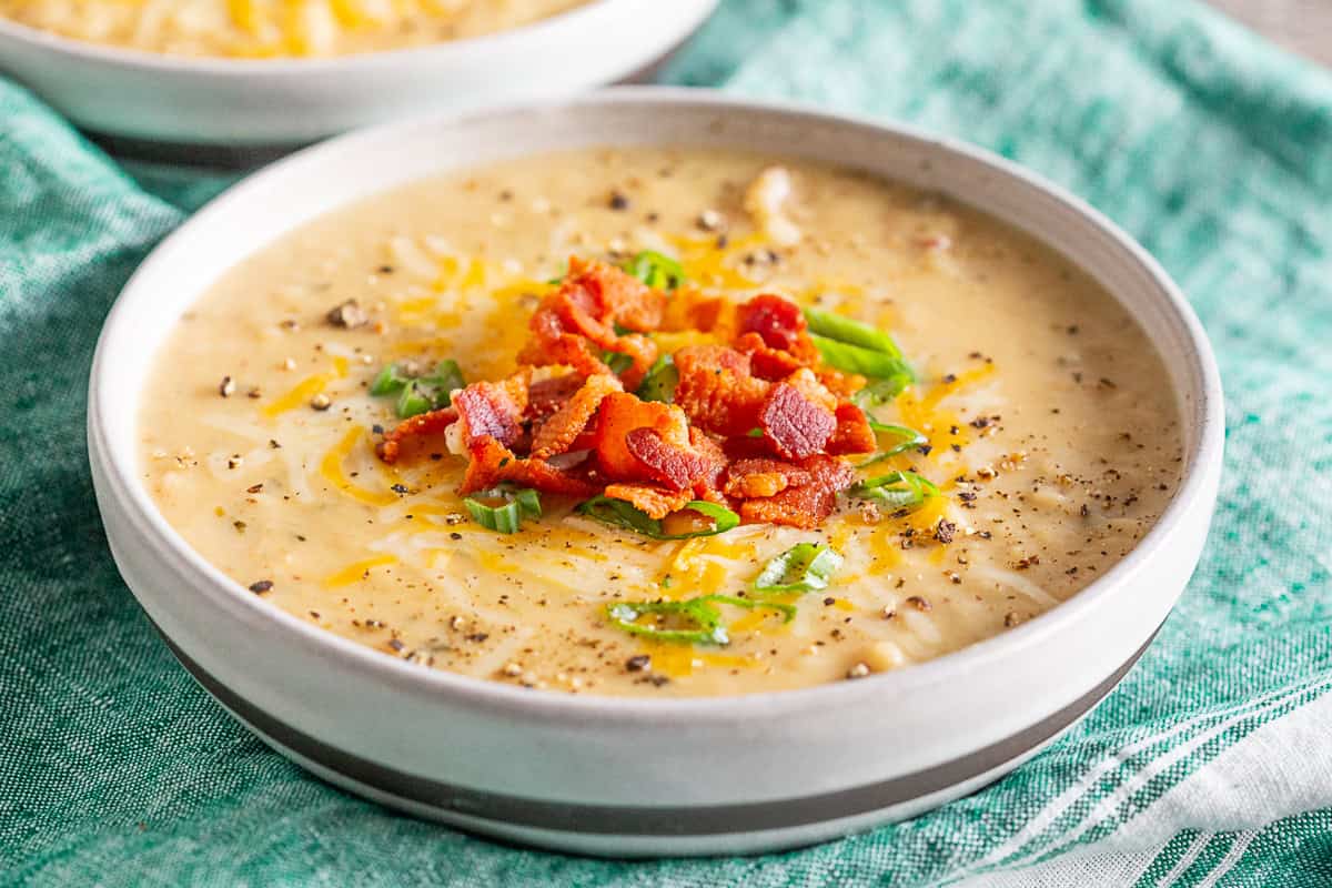Loaded Baked Potato Soup in a ceramic bowl.