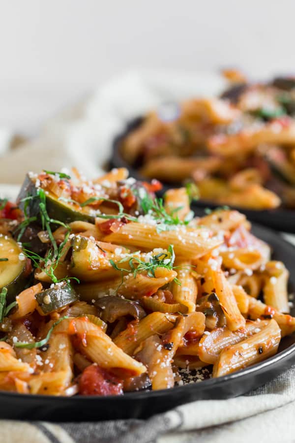Ratatouille Pasta sprinkled with Parmesan cheese. 