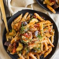 This ratatouille pasta is packed full of eggplant, zucchini, fennel, onion, and tomatoes. It's simple to make and ready in no time! Trust me, you'll love this simple meatless pasta recipe. 