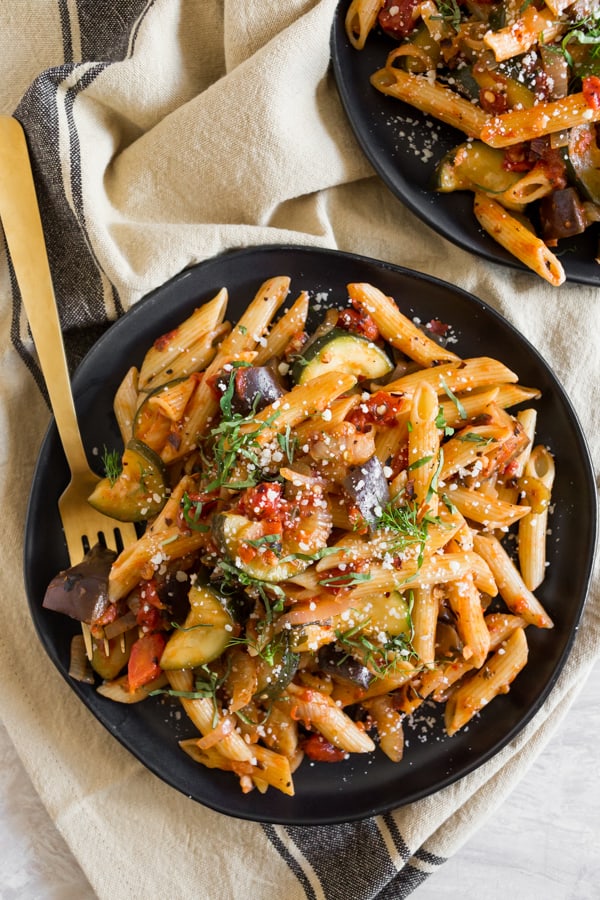 Ratatouille Pasta on 2 plates.