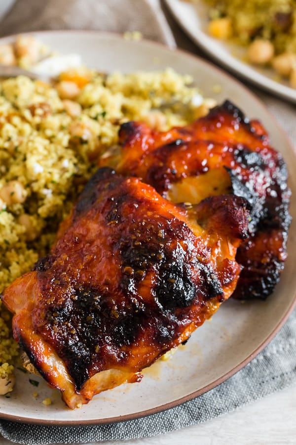 Harissa Chicken Thighs served with crispy skin. 