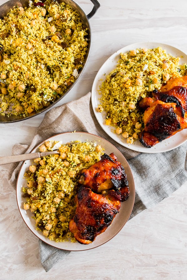 Harissa Chicken Thighs plated with a fork. 
