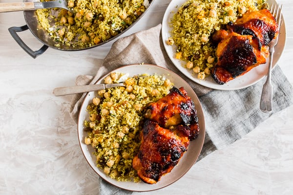 Harissa Chicken Thighs served on a plate. 
