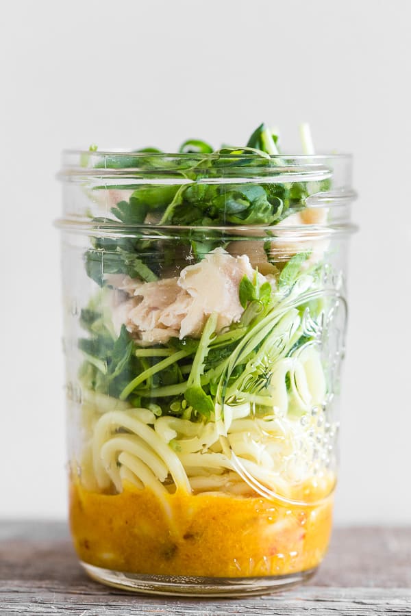 Homemade Cup of Noodles in a glass jar for travel.