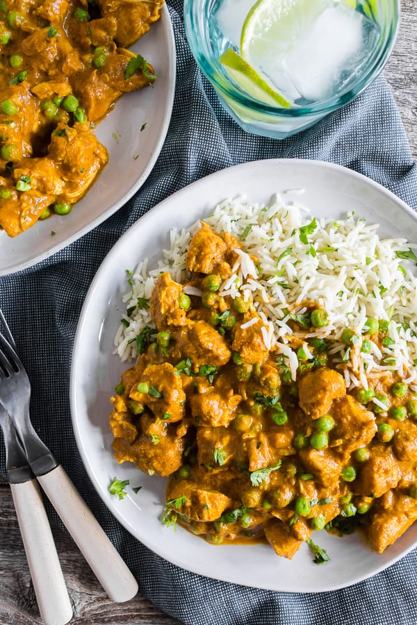 Instant Pot Chicken Tikka Masala on 2 plates.