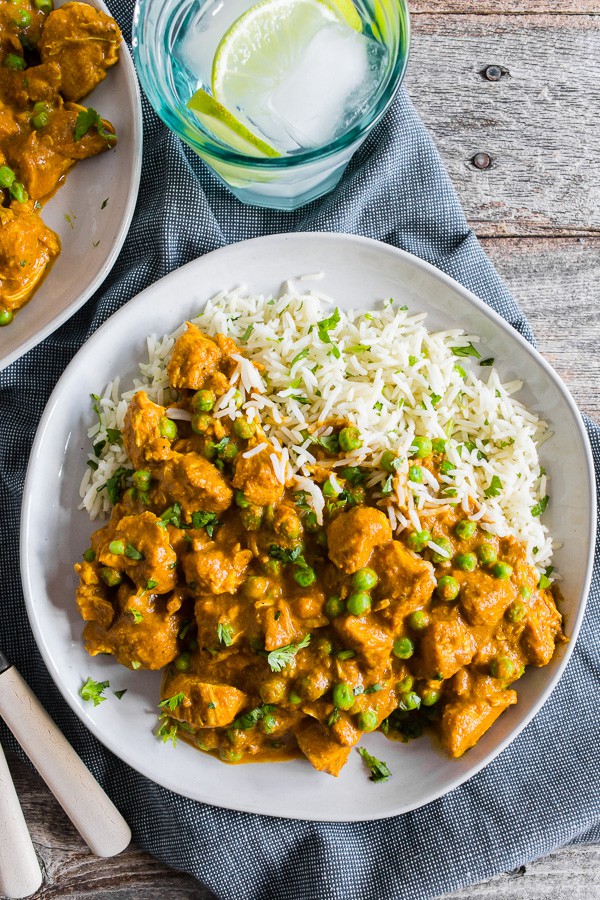 Instant Pot Chicken Tikka Masala on a plate with rice.
