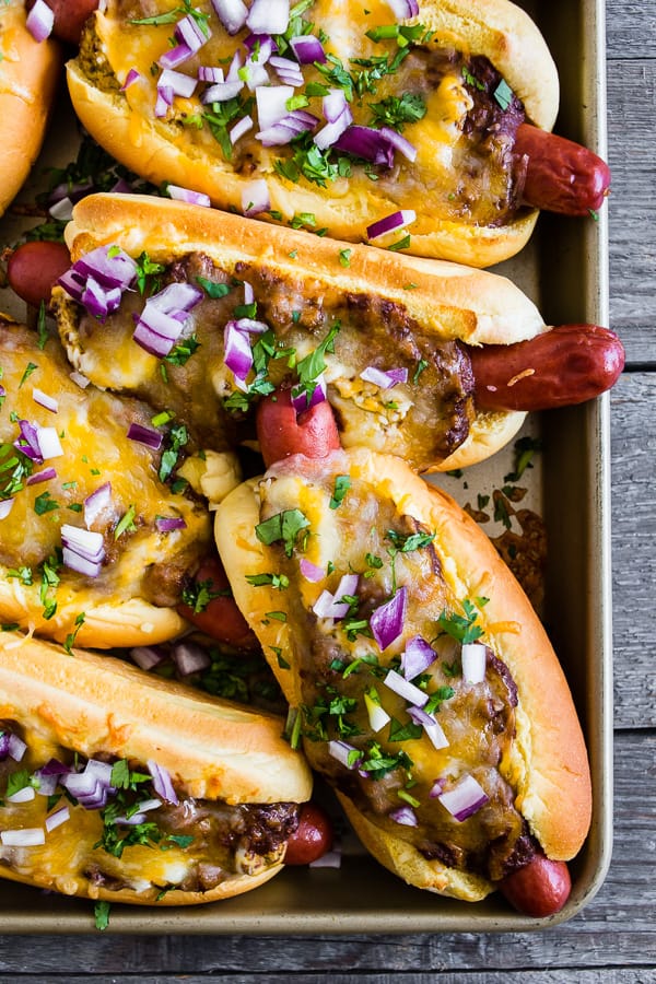 Oven Baked Chili Cheese Dogs on a sheet pan.