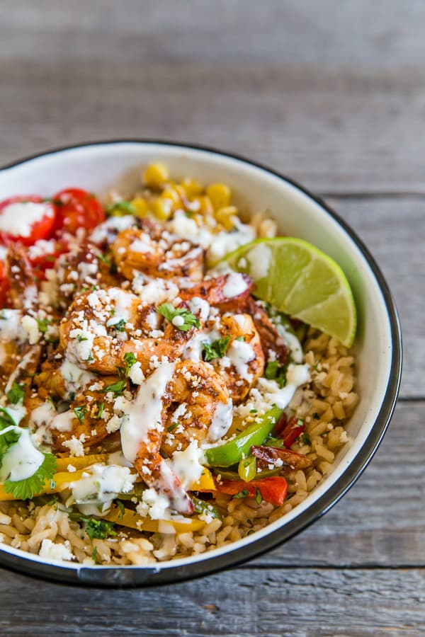 Chipotle Shrimp Fajita Bowls served in a large bowl. 