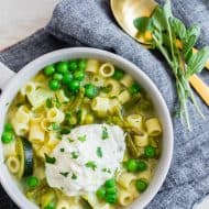 This spring minestrone soup with lemon whipped ricotta is perfect for cool nights. It's packed full of vegetables, is vegetarian friendly and ready in just 30 minutes! Your whole family will love this easy and flavorful soup.
